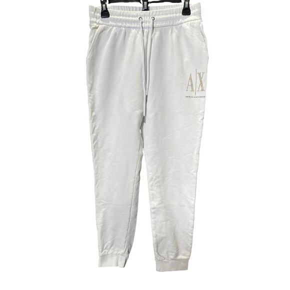 Armani Exchange AX White Joggers Sweatpants Rhinestone Logo Drawstring - Picture 1 of 4